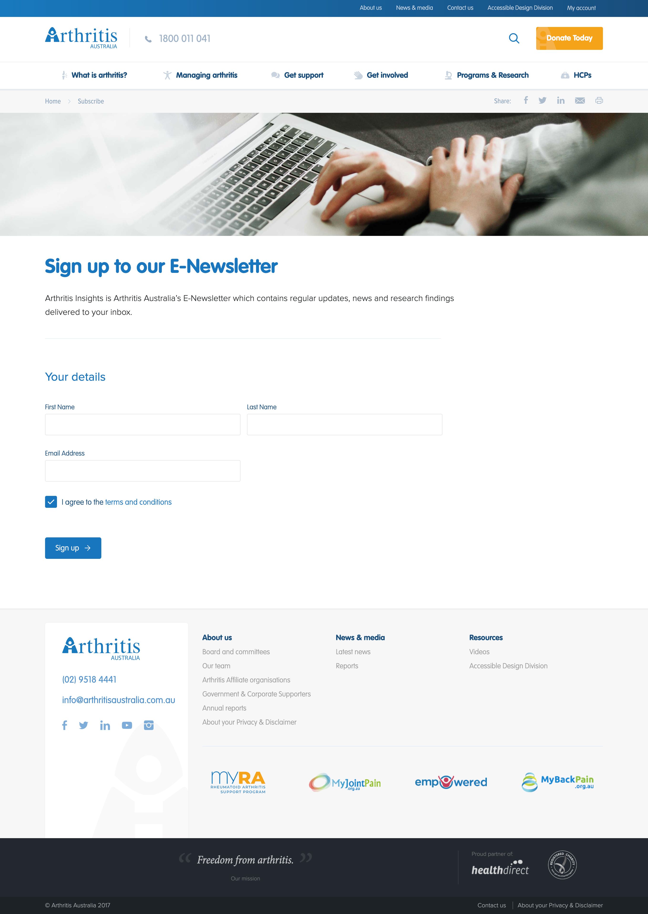 Arthritis Australia E-Newsletter Sign Up page